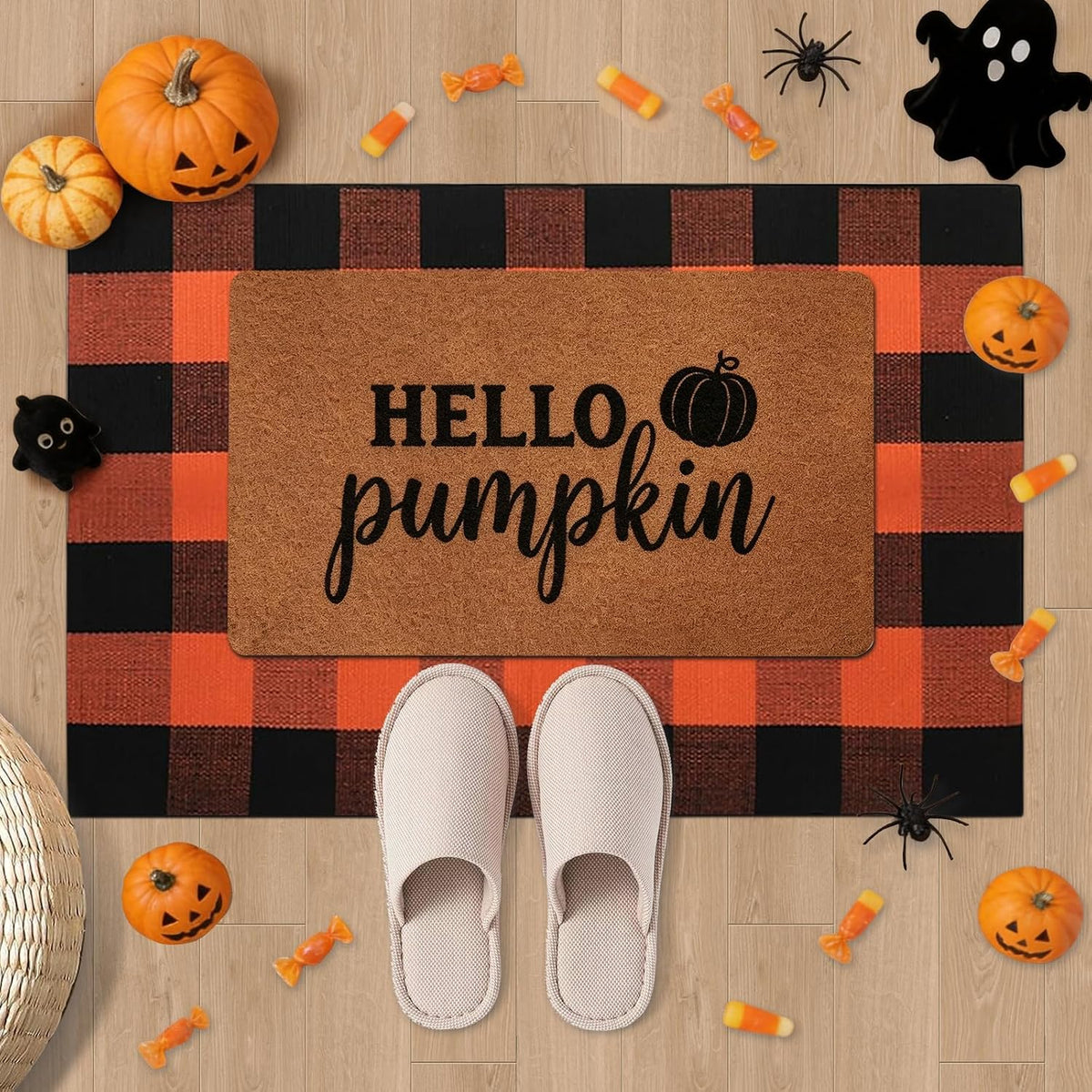 2 Pack Fall Halloween Door Mat Set, Pumpkin Coir & Plaid for Thanksgiving