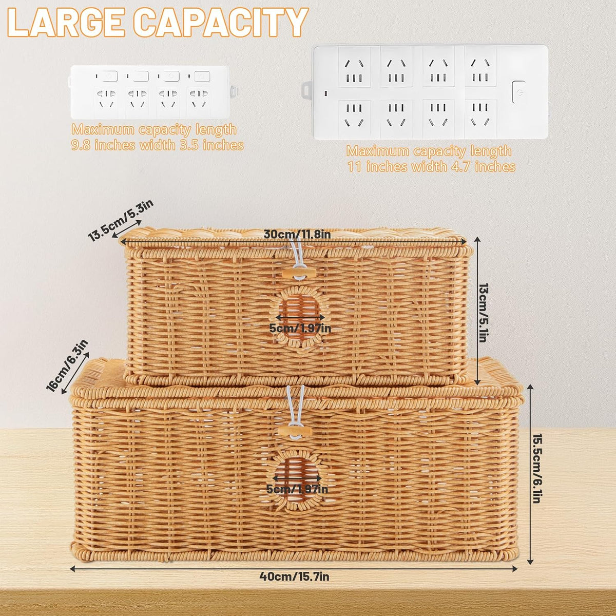 2 Pcs Handmade Cable Management Boxes Rattan Cable Organizer Large & Medi...