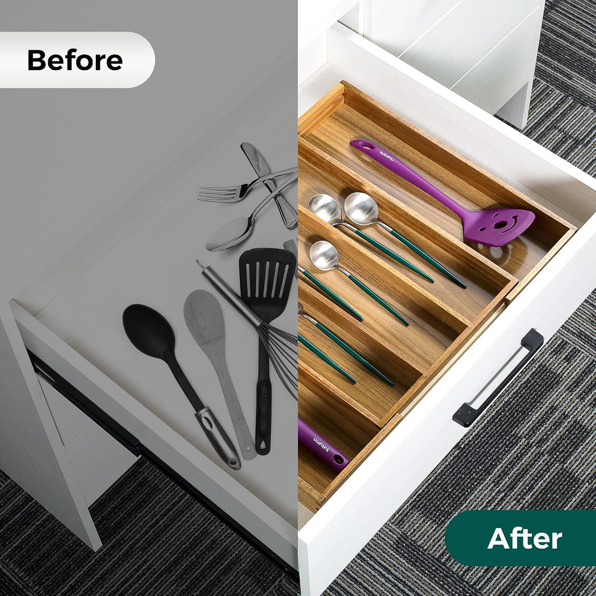 Utoplike Acacia Kitchen Drawer Organizer Expandable, Utensils Cutlery Tray