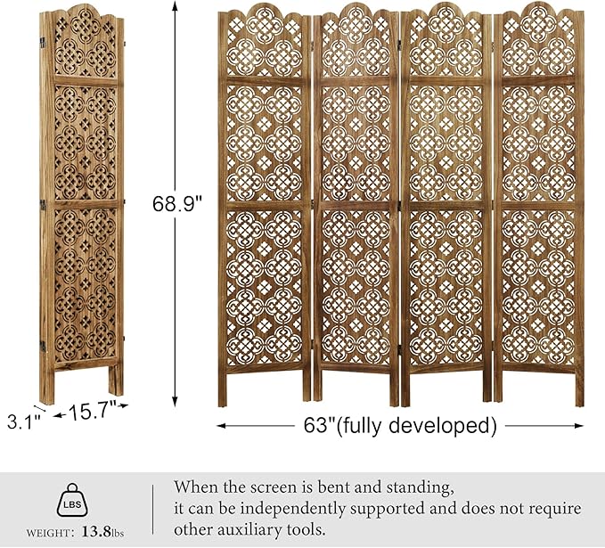 68.9Inch Folding Room Divider, 4 Panels Wood Carved Privacy Screens - Image 4
