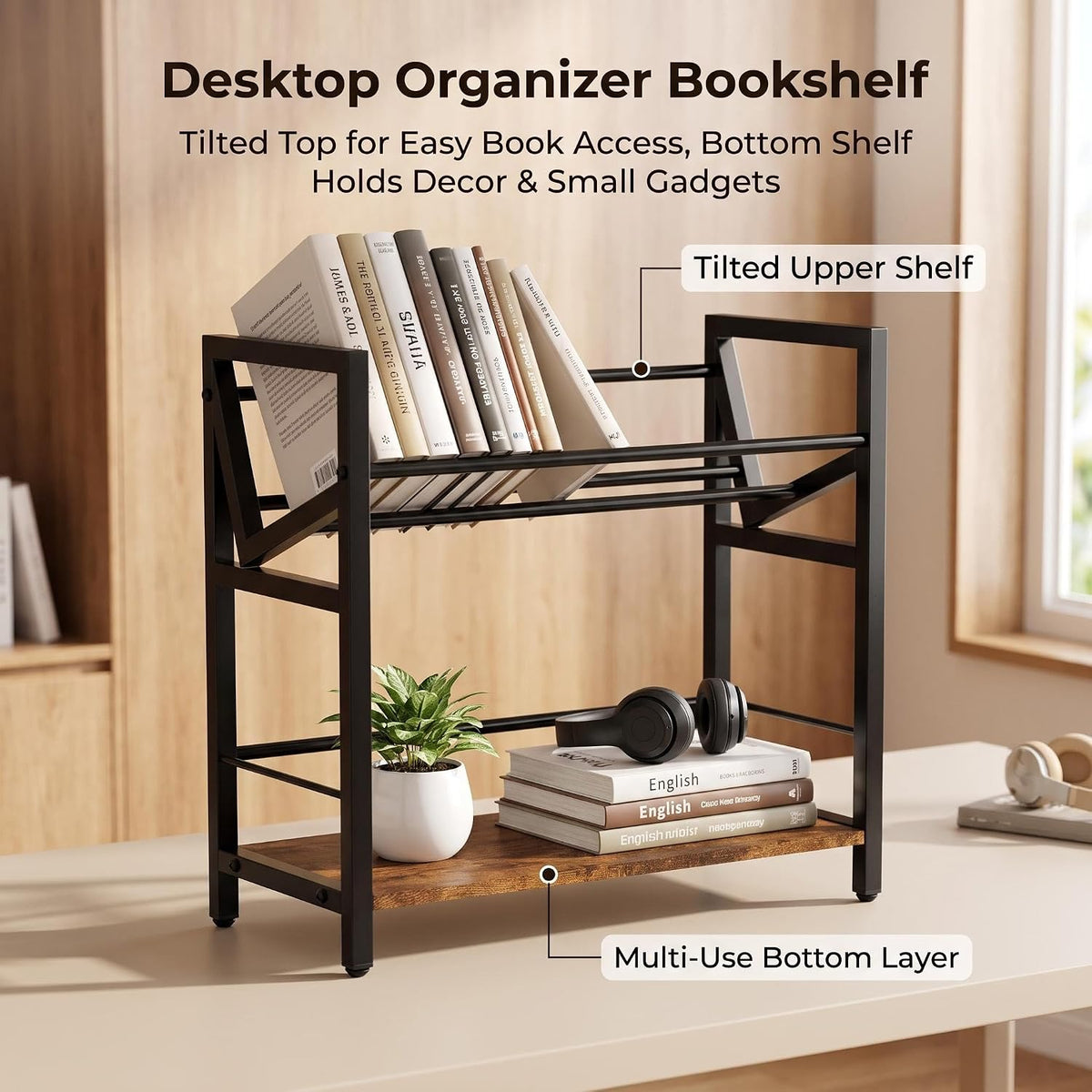 2-Tier Desktop Bookshelf, Office Desk Shelf Organizer, Slanted Book Rack
