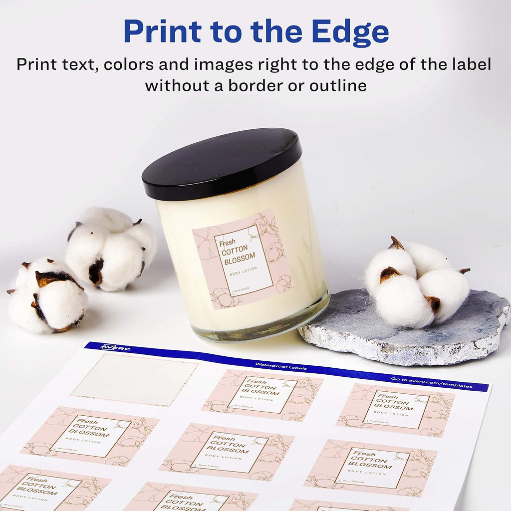 Avery® Durable Waterproof Square Labels, Sure Feed® Technology, 2" x 2", White, Laser & Pigment-Inkjet Compatible, 96 Blank Labels Total, Great for Branding, Packaging, and More (64510)