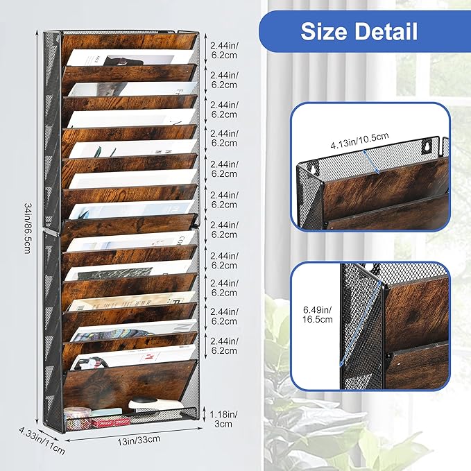 Solinxe 12-Tier Wall File Organizer, Wood Mail Organizer Wall Mounted Paper - Image 6