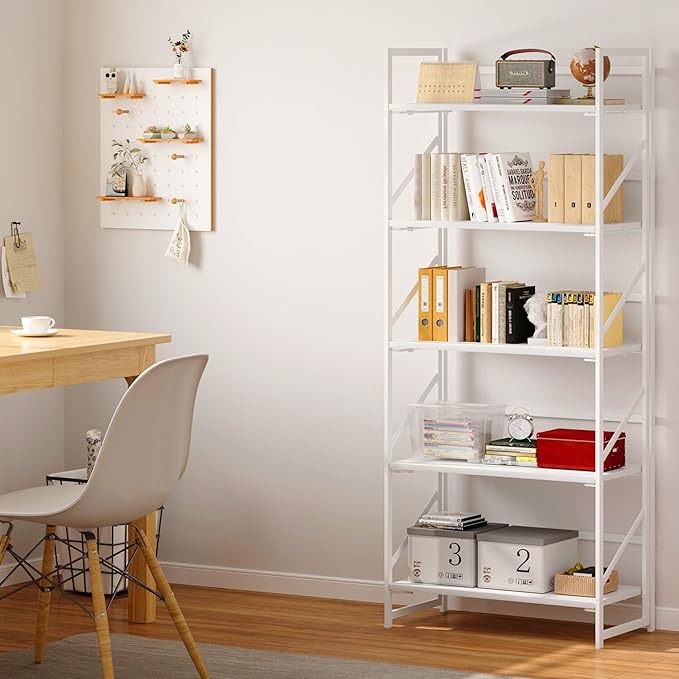 JSB No Assembly Folding Bookshelf, 5 Tier Industrial Metal Book Shelf - Image 2