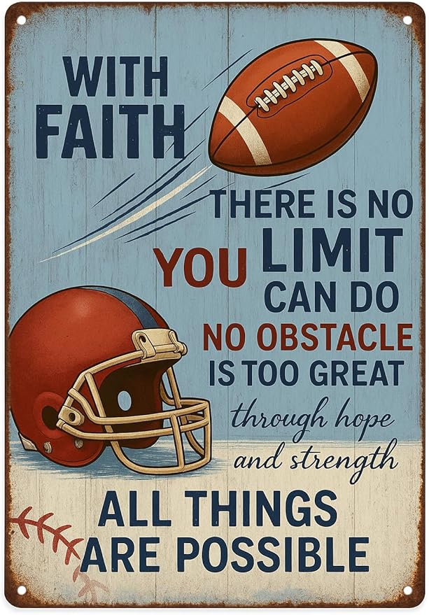 With Faith Football Metal Sign – Vintage Christian Sports Wall Art by SKYOCEAN