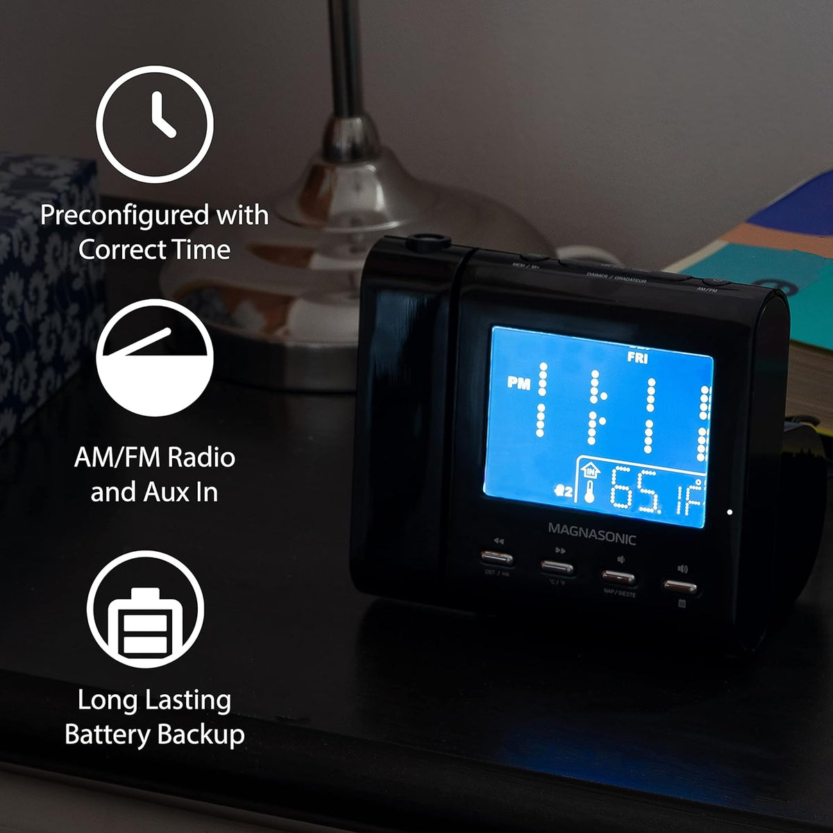 magnasonic projection alarm clock with am/fm radio, battery showing dimensions