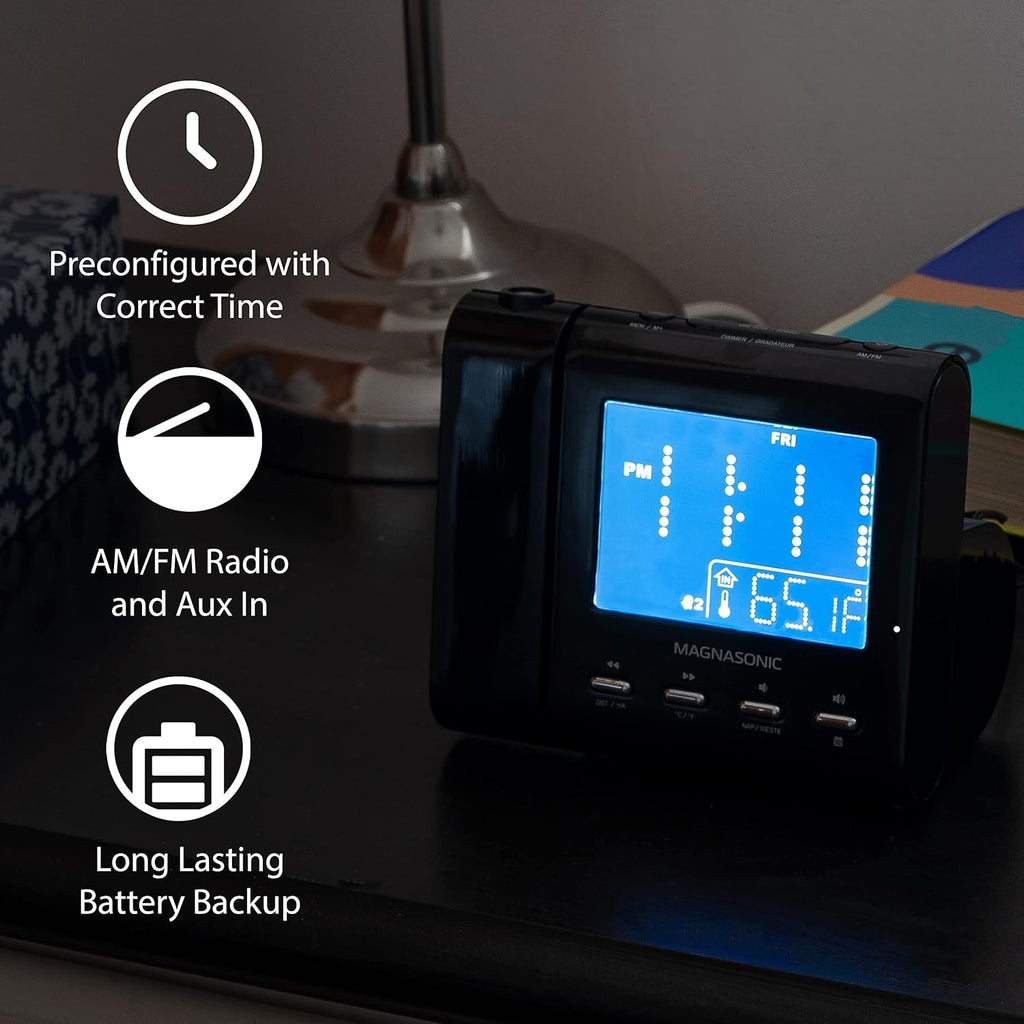 magnasonic projection alarm clock with am/fm radio, battery showing dimensions