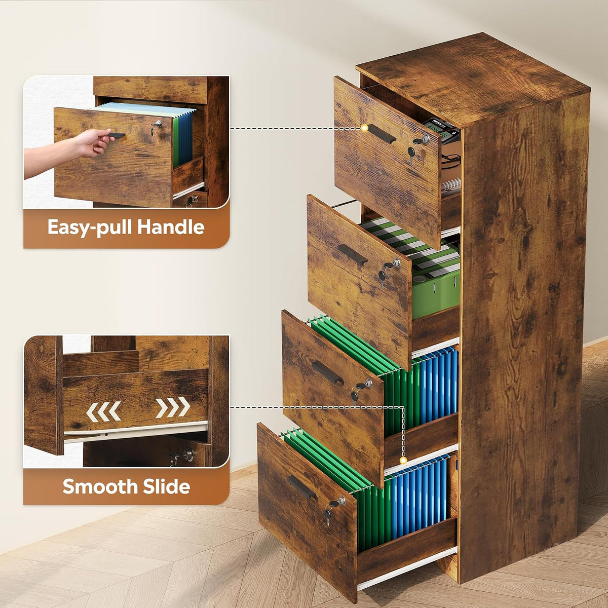 devaise 4 drawer wood file cabinet for home on a desk or shelf