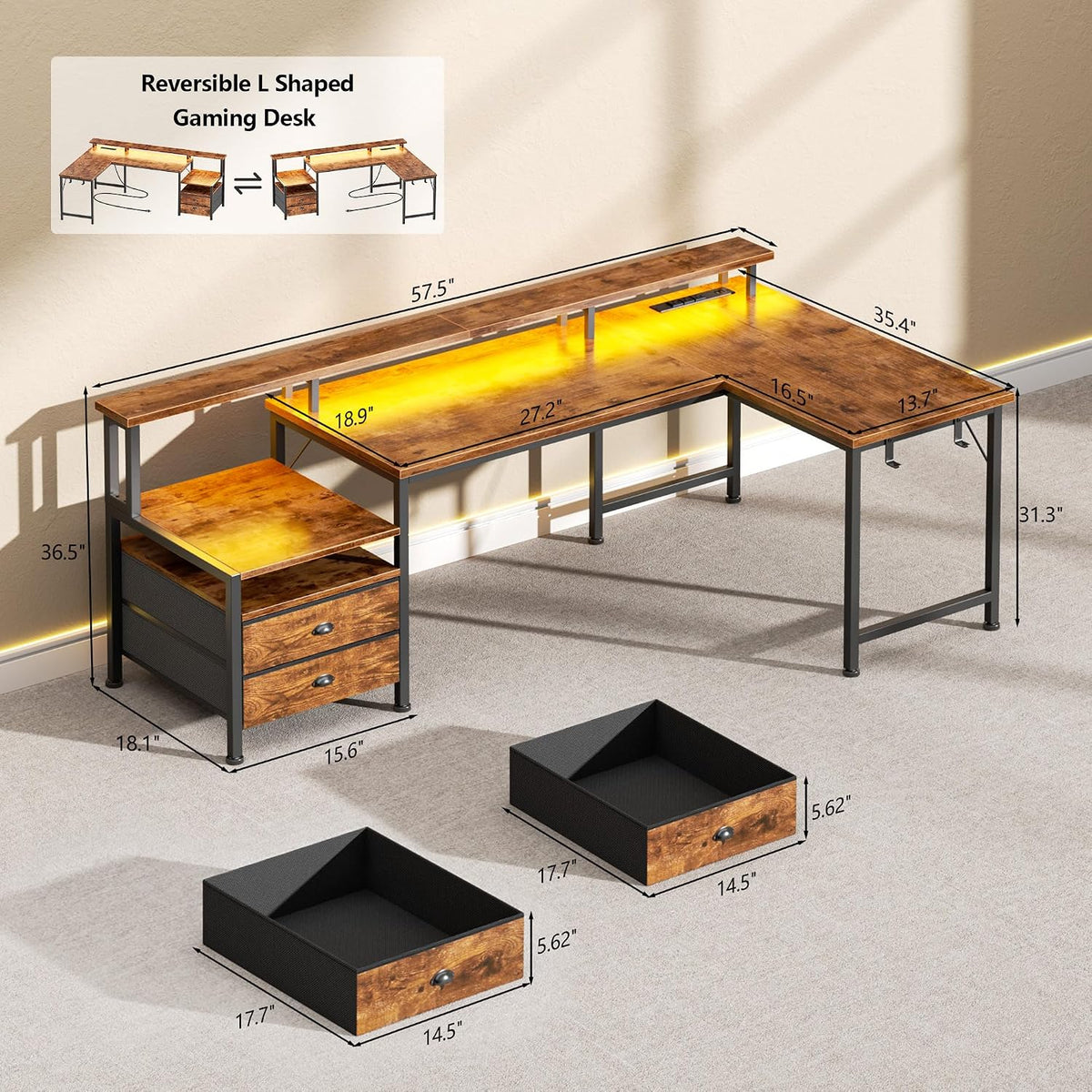 Korfile 57'' L Shaped Computer Desk with Storage Drawers, Power Outle...