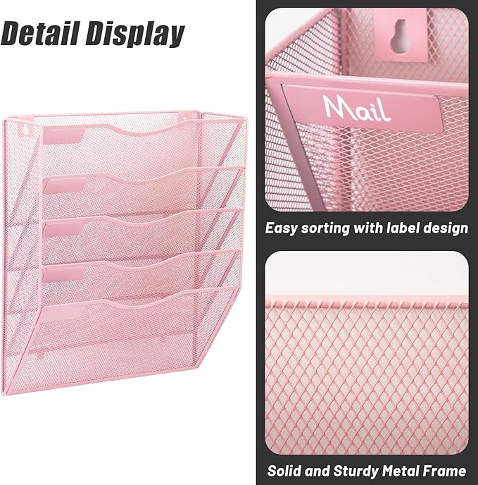 EASEPRES 5 Pocket Mesh Hanging Wall File Organizer, Wall Mounted Mail Paper - Image 4