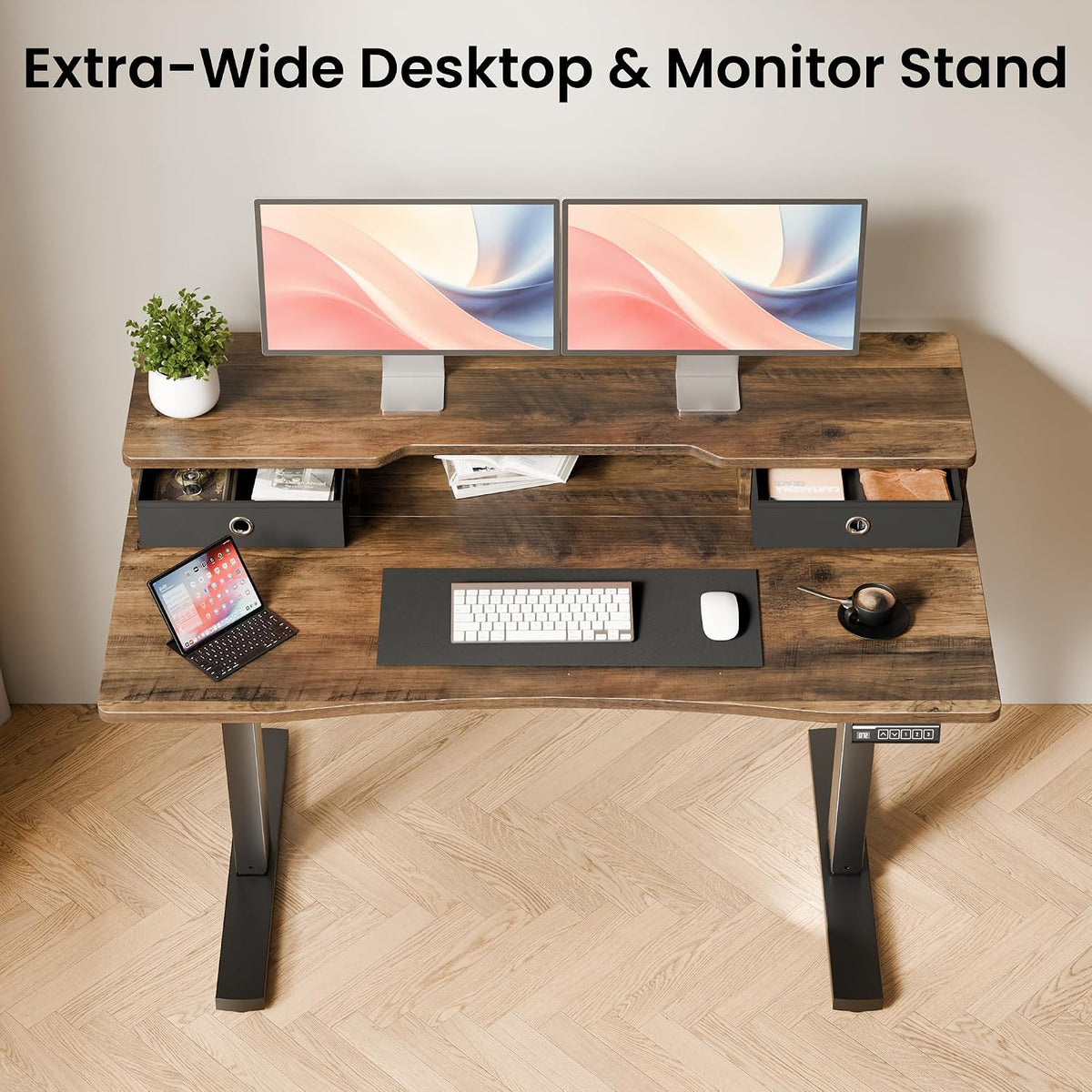 Realbear 48x24 Inch Electric Standing Desk with Drawers, Rustic Walnut