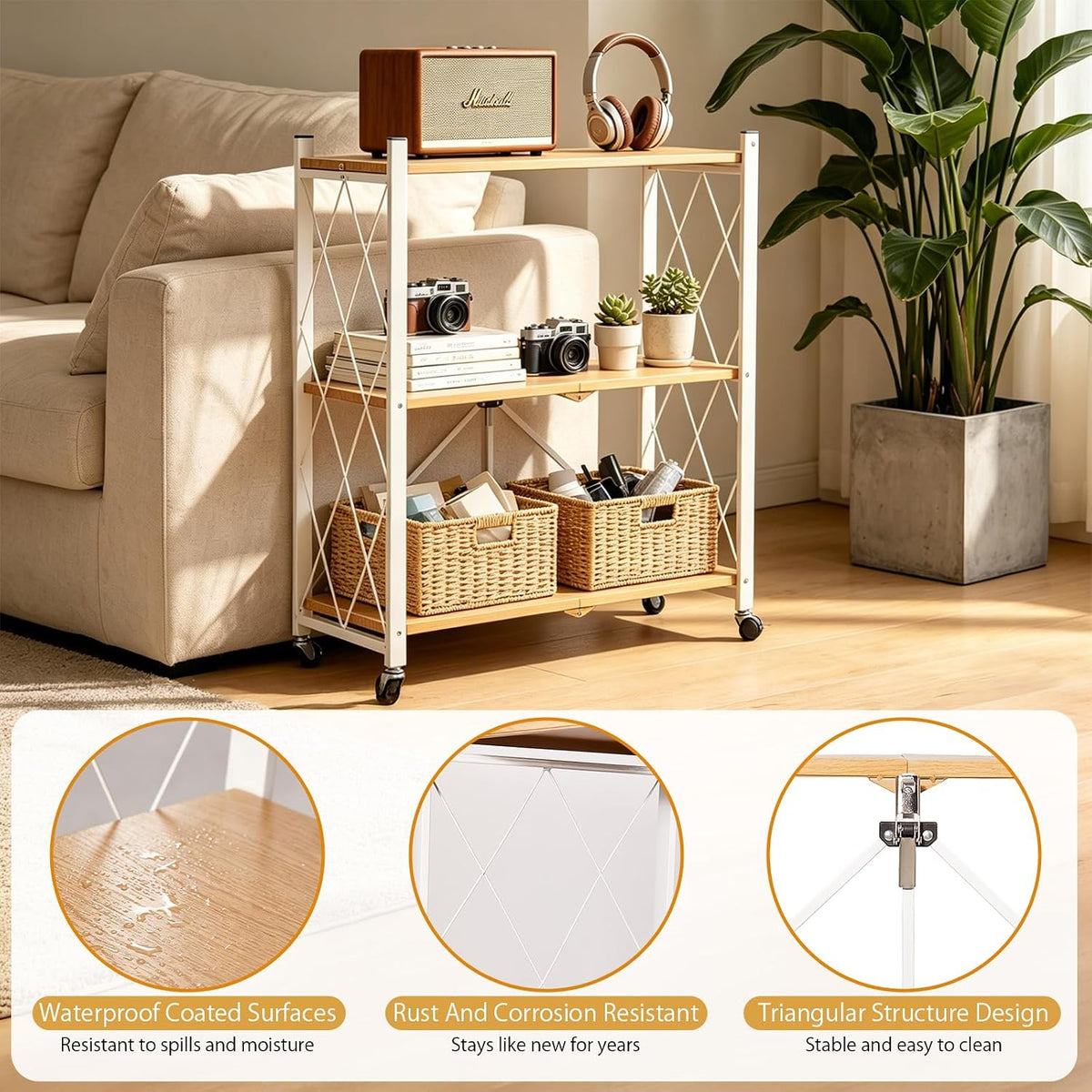 3-Tier Folding Storage Shelves with Wheels – No Assembly, Heavy Duty Collapsi...