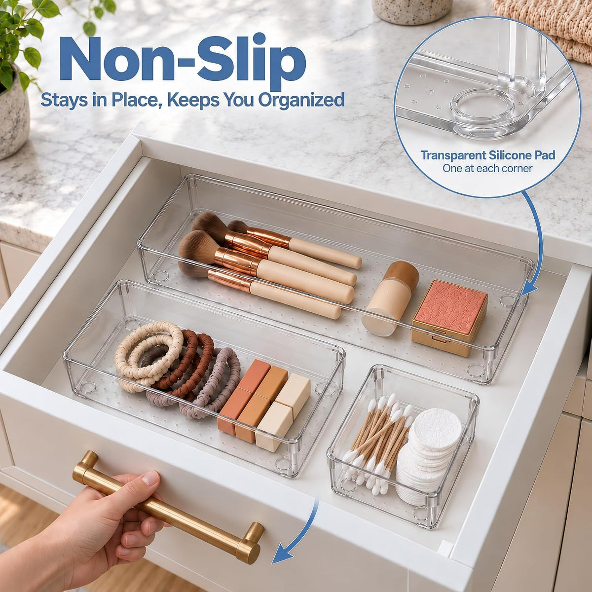 10 Pack Large Clear Drawer Organizer Trays, 3 Sizes, Non-Slip