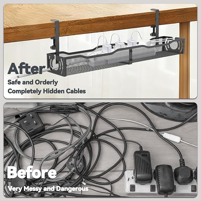 Cable Management, 25.3'' Under Desk Cable Management Tray No Drill, Metal Cable - Image 2