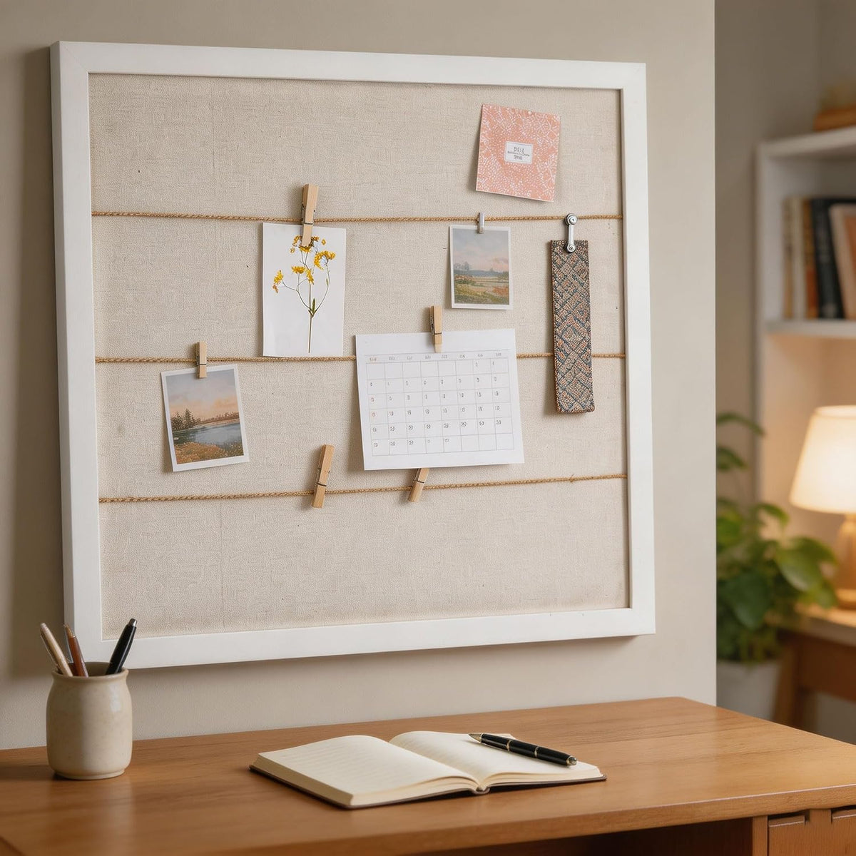 SOFE Large White Linen Bulletin Board, 28 x 32 Wood Framed Memo Board