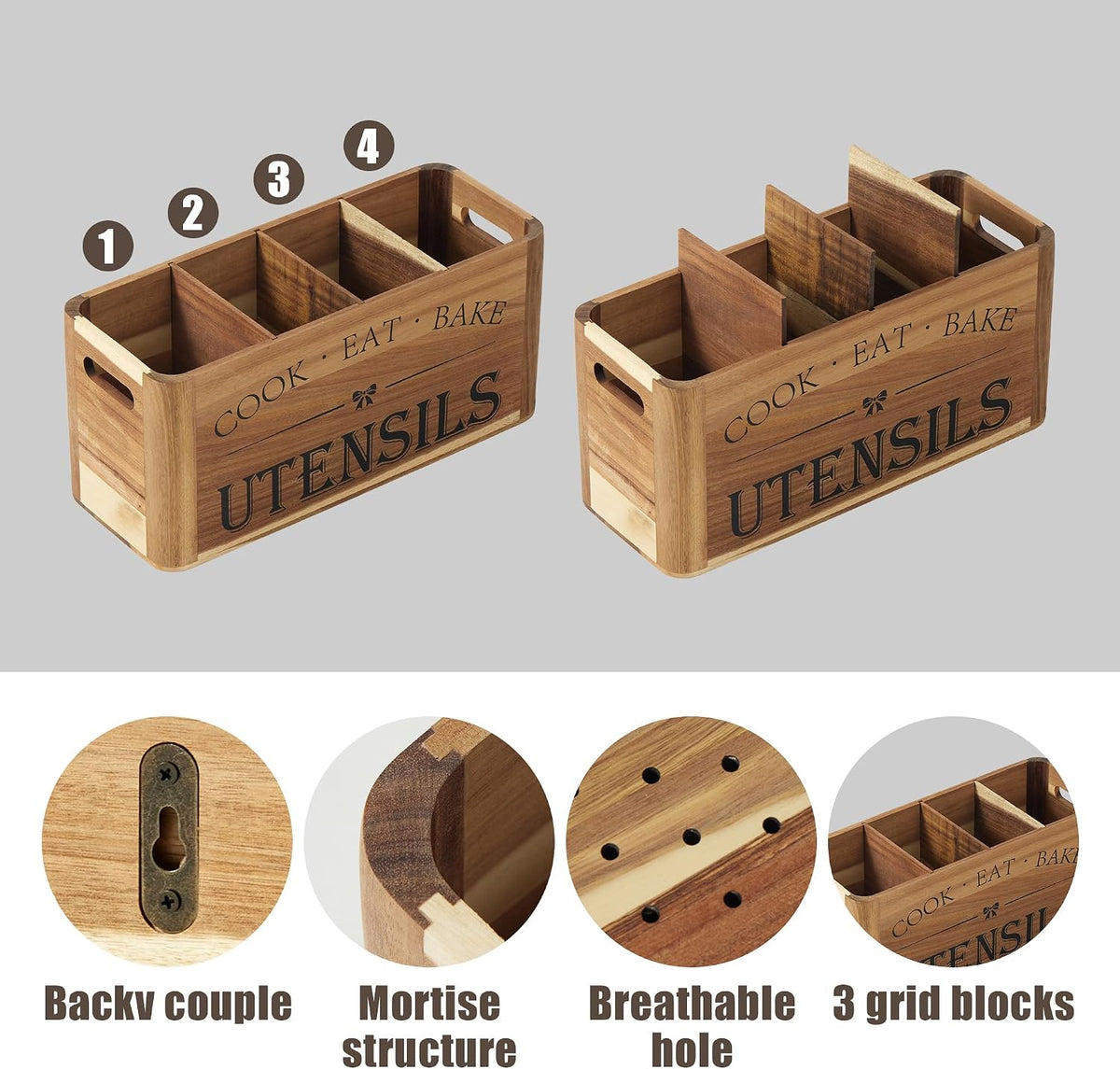 Utensil Holder for Kitchen Countertop - Extra Large 4 Compartment Wooden Orga...