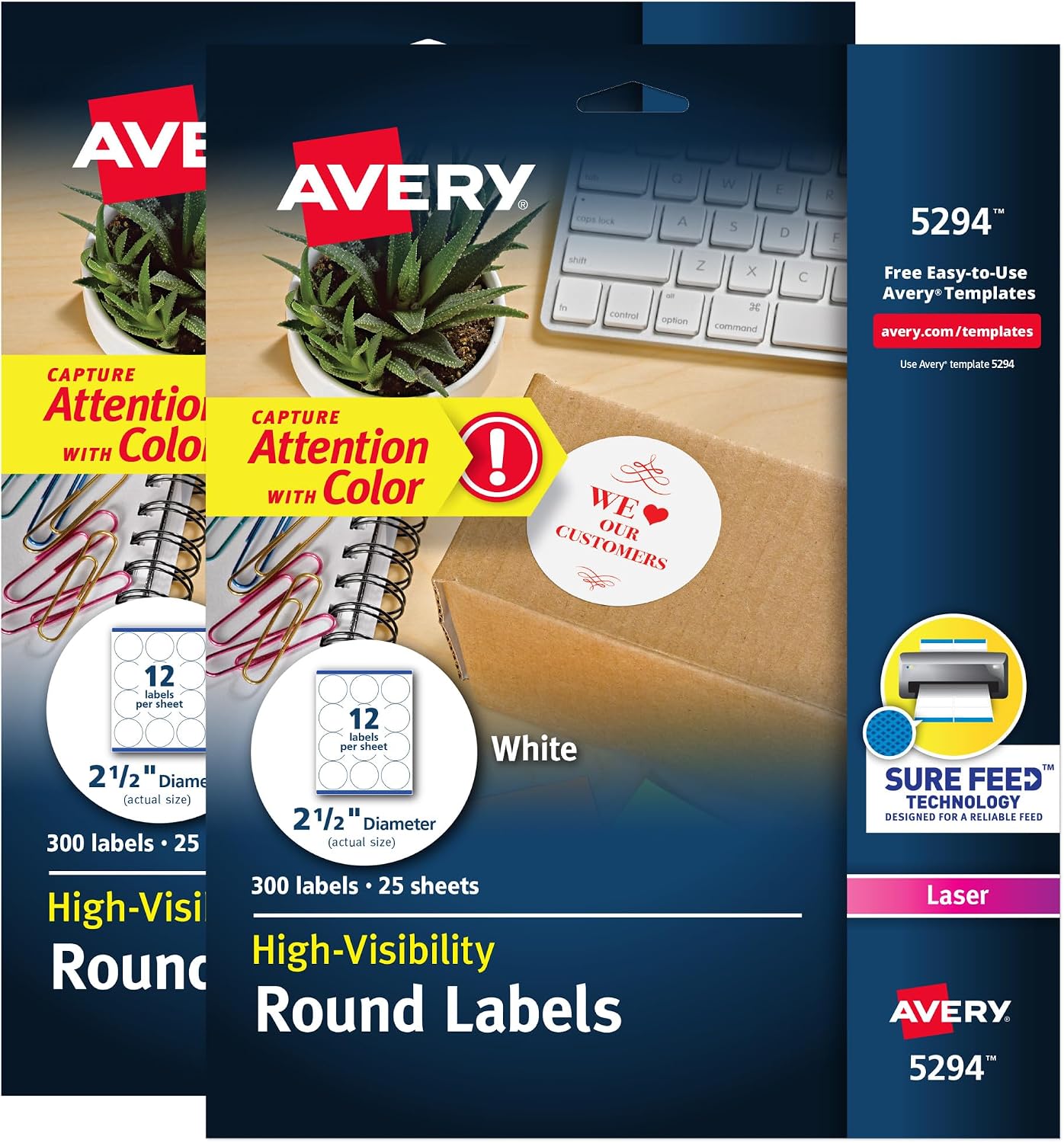 Avery® High Visibility Printable Round Labels, Sure Feed® Technology, 2.5" Diameter, White, Laser Printer, 300 per Pack, 2 Packs, 600 Customizable Blank Labels Total (45294)