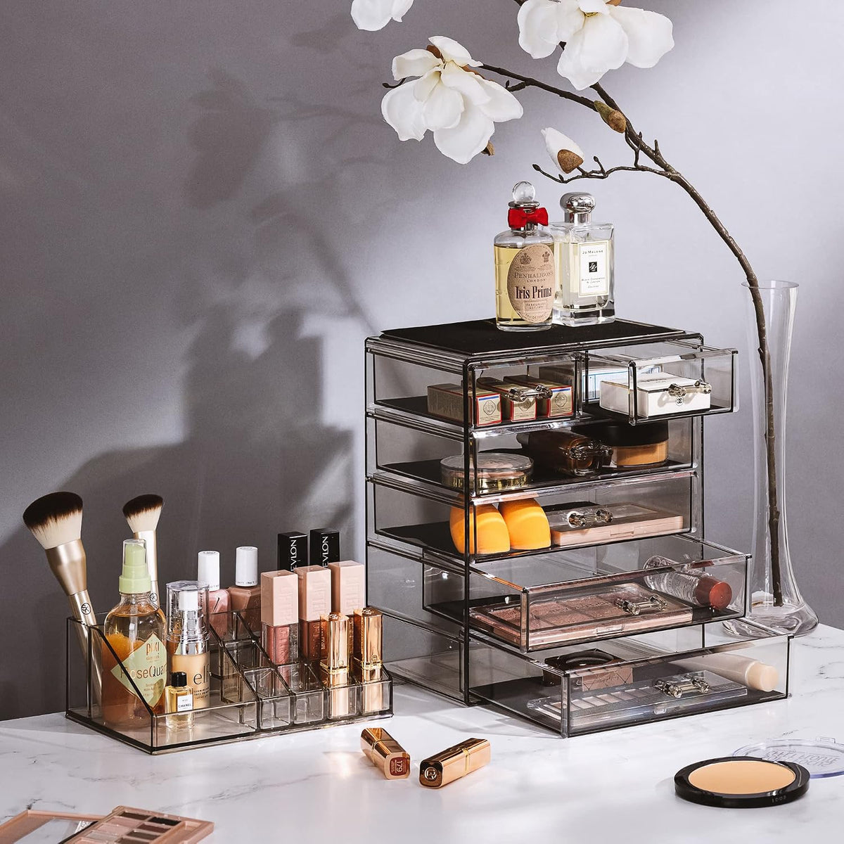 Sorbus Makeup Organizer, 6-Drawer Acrylic 2-Piece Set (Black Jewel)