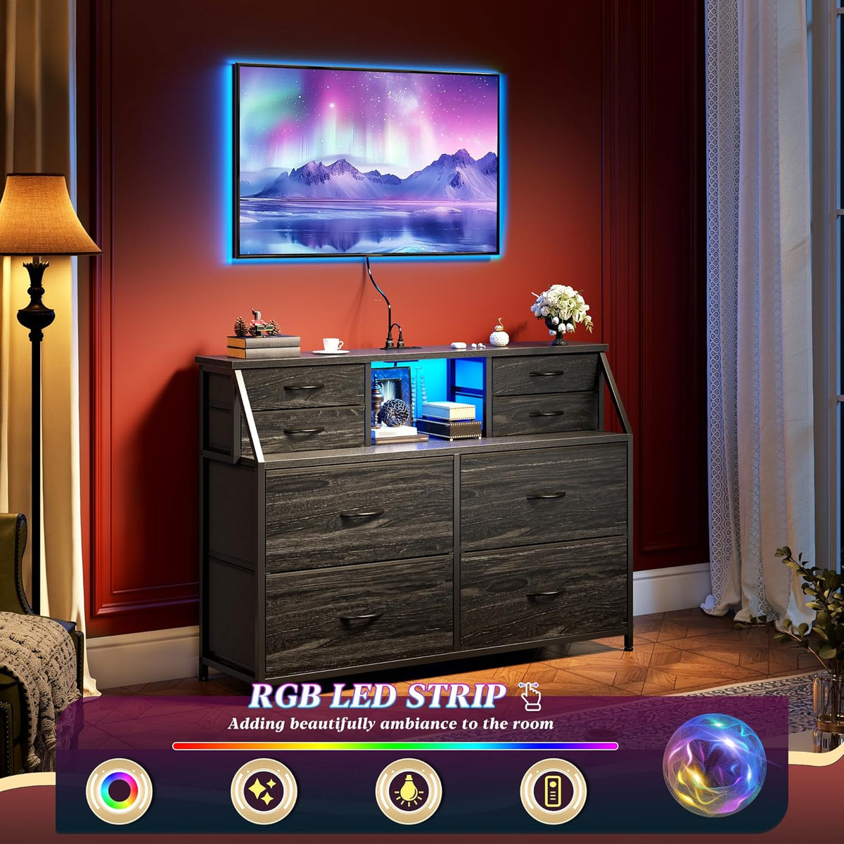 Romorgniz 8-Drawer Dresser with Charging Station & LED, Storage Organizer