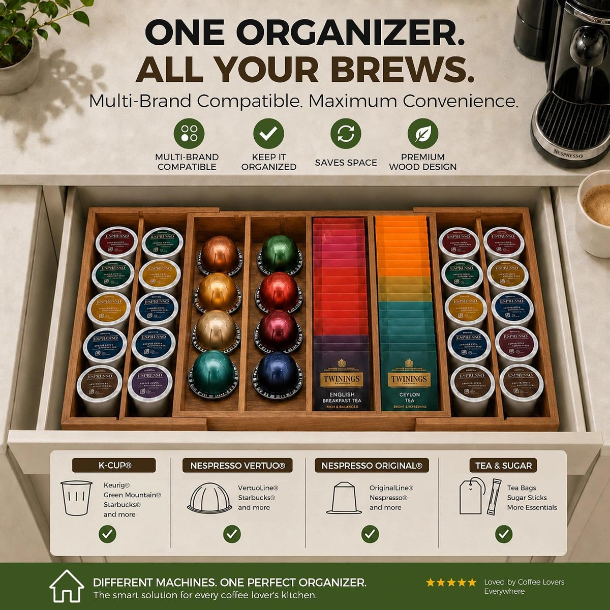 MinBoo Expandable Acacia Wood Coffee Pod Drawer Organizer