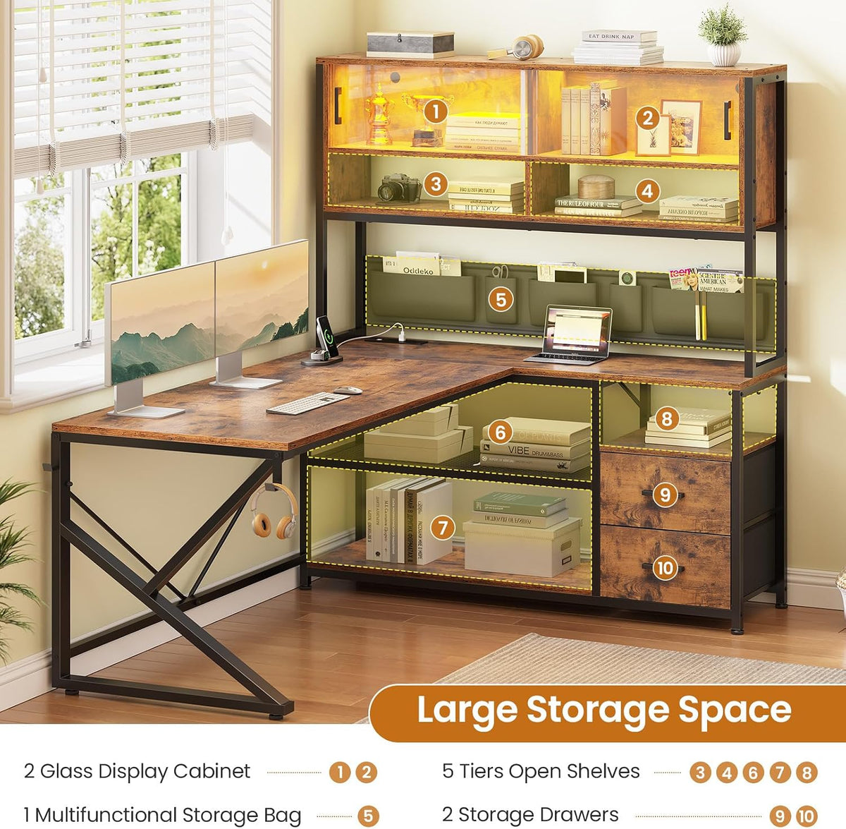 SEDETA L Shaped Office Desk with Storage Shelves, 2 Drawer, LED Light