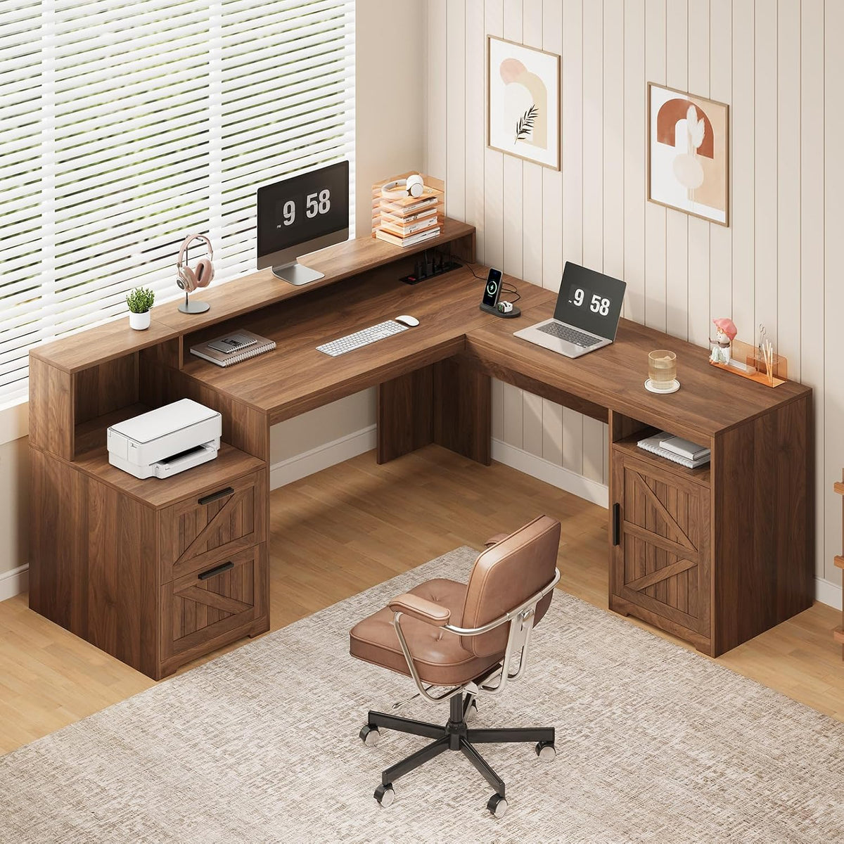 Farmhouse L Shaped Desk with Drawers & Printer Shelf for Home Office