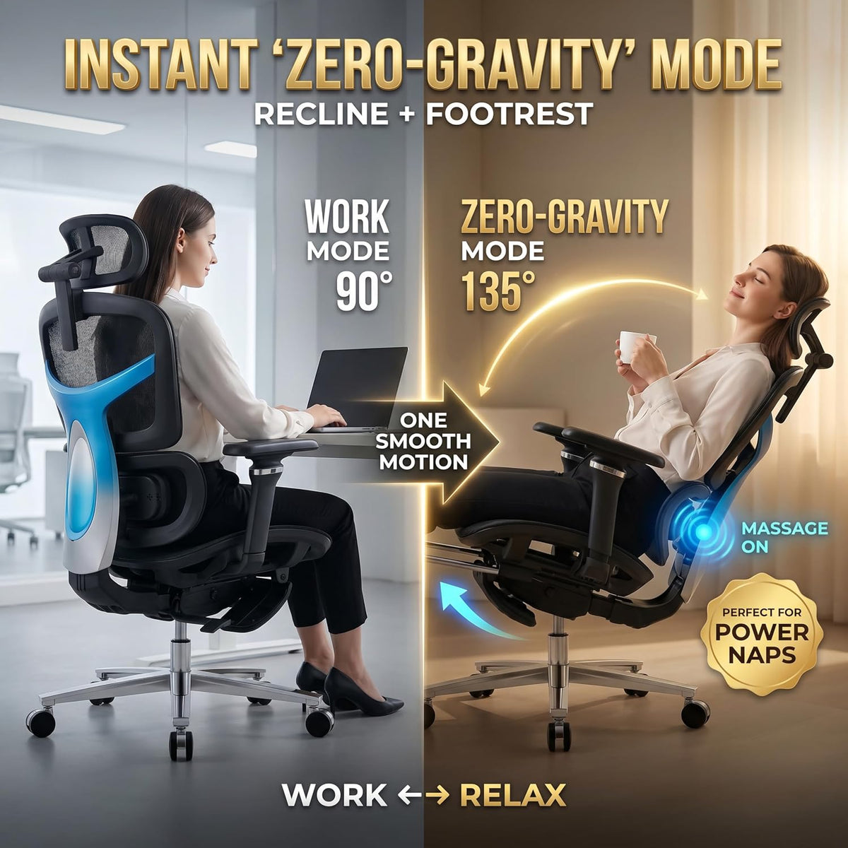 Ergonomic Office Chair with Footrest & 3D Massage Lumbar Support, Adjusta...