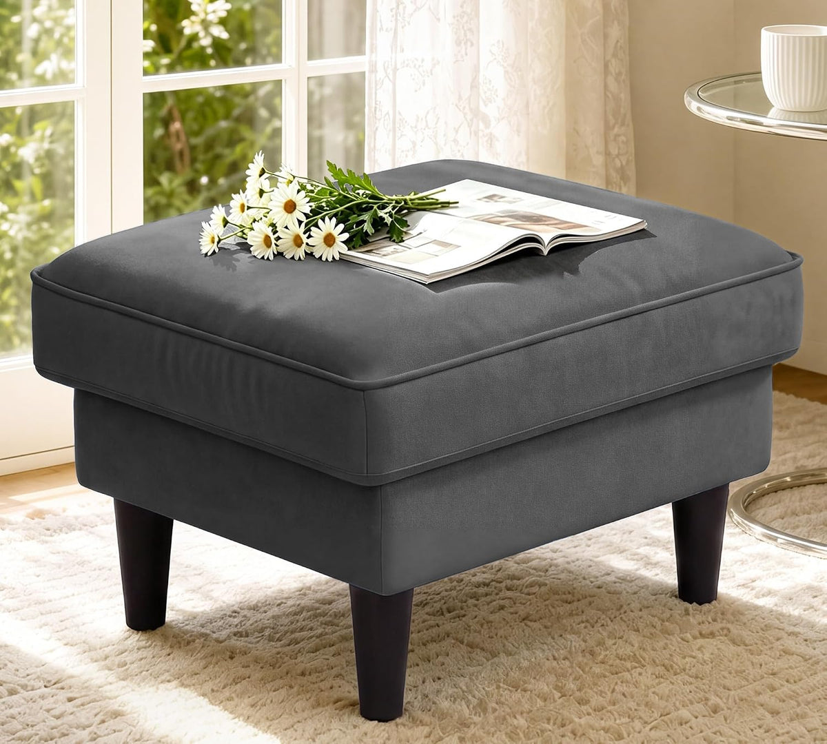 Welzona Velvet Ottoman, 25" Comfy Square Foot Stool for Sofa Couch, Grey