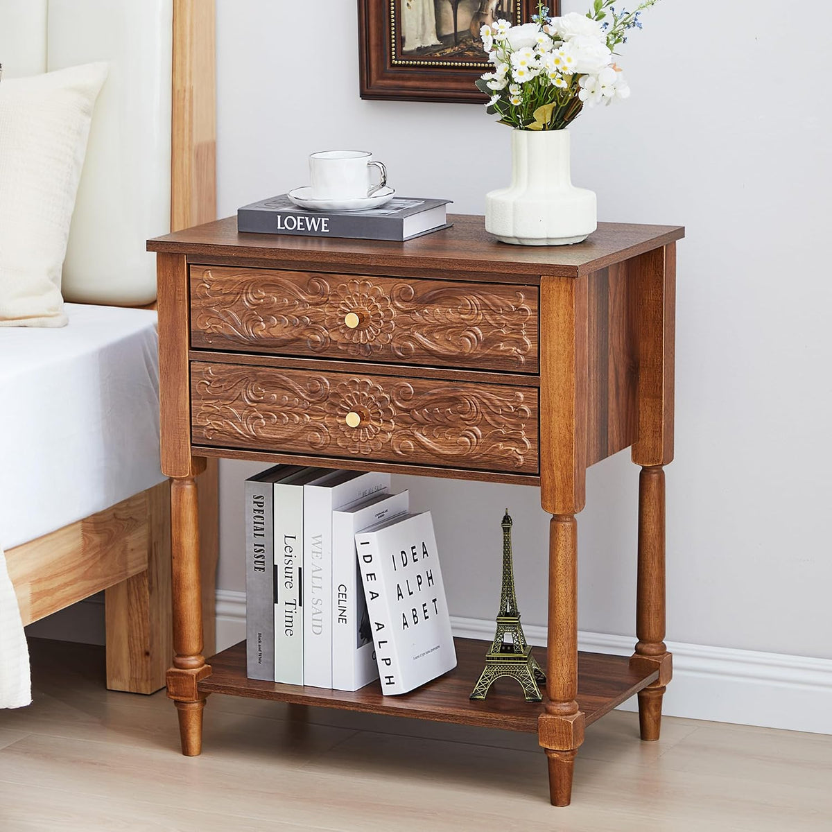 Nightstand, Farmhouse Bedside Table with 2 Drawers and Open Shelf
