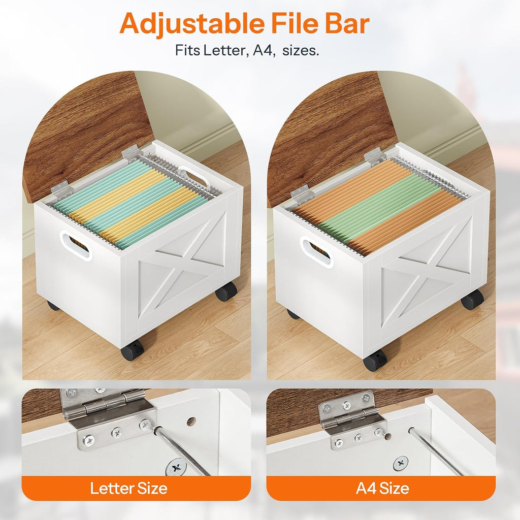HOOBRO File Cabinet, Under Desk Small Filing Cabinet, Rolling File Cart with Lid, Hanging File Organizer on Wheels, Filing Storage Cart, for Study, Home Office, White and Walnut WH33WJ01