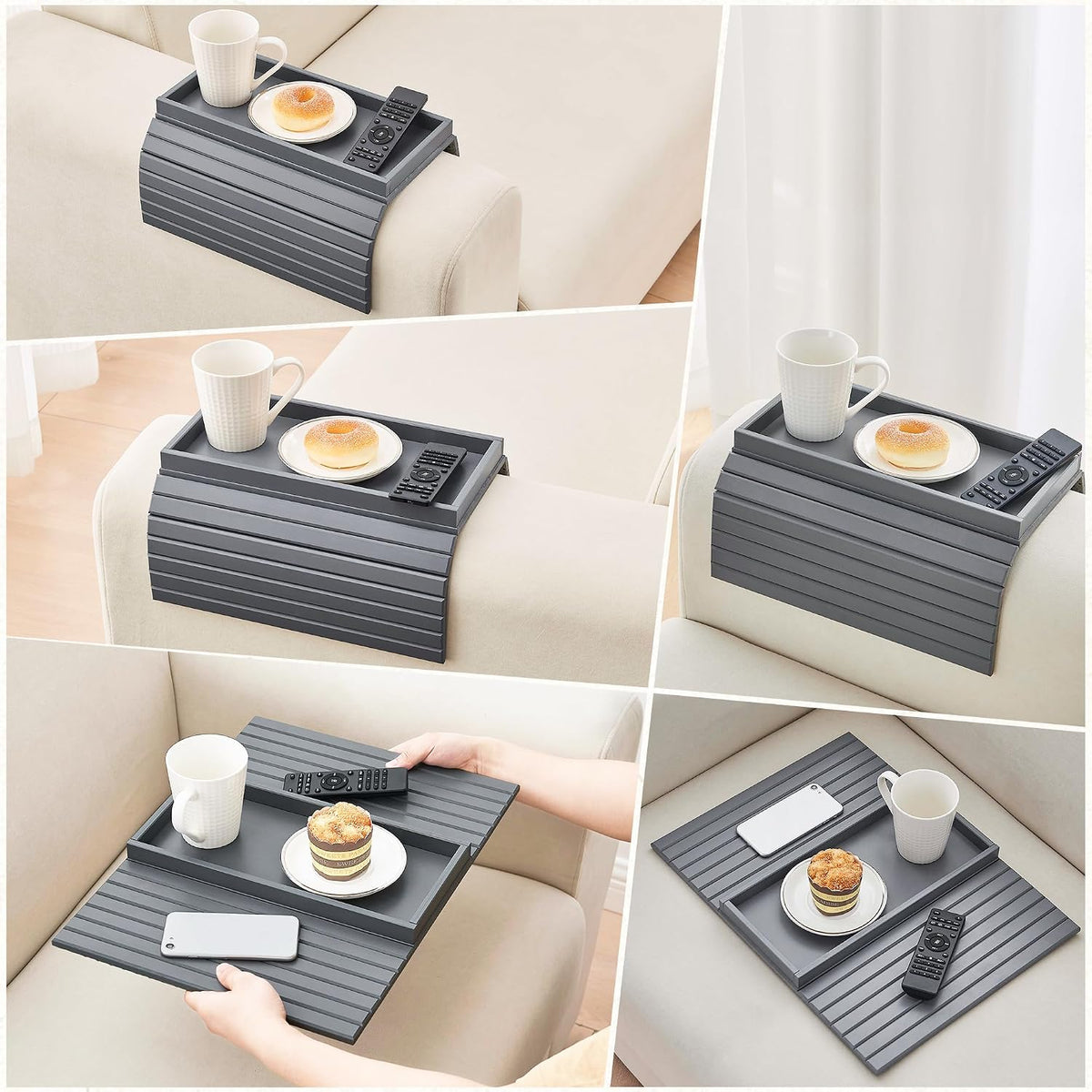 GEHE Bamboo Sofa Arm Tray, Foldable Couch Arm Tray Side Table, Anti-Falling A...