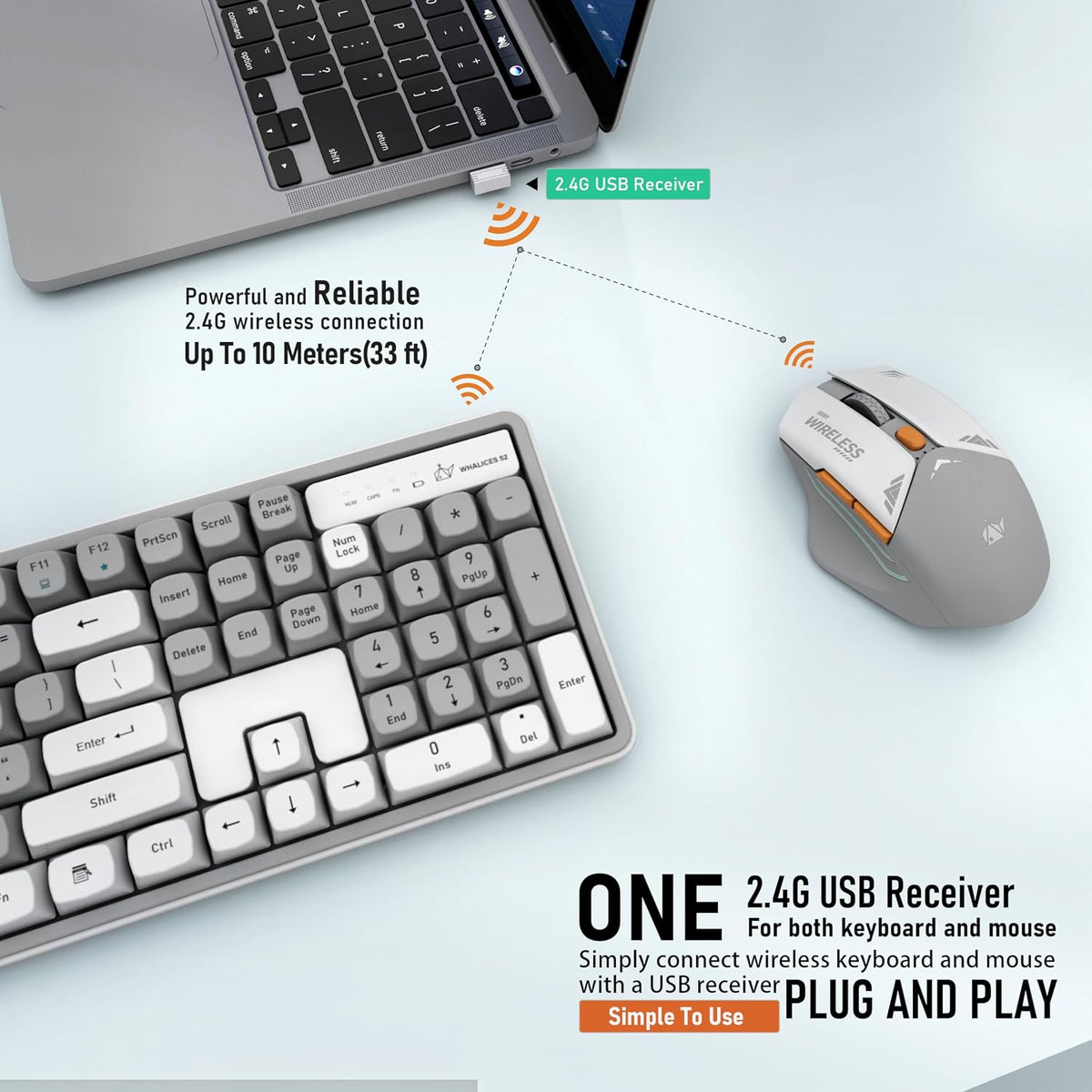 Rechargeable Wireless Keyboard and Mouse Combo, Full-Size - Gray-White