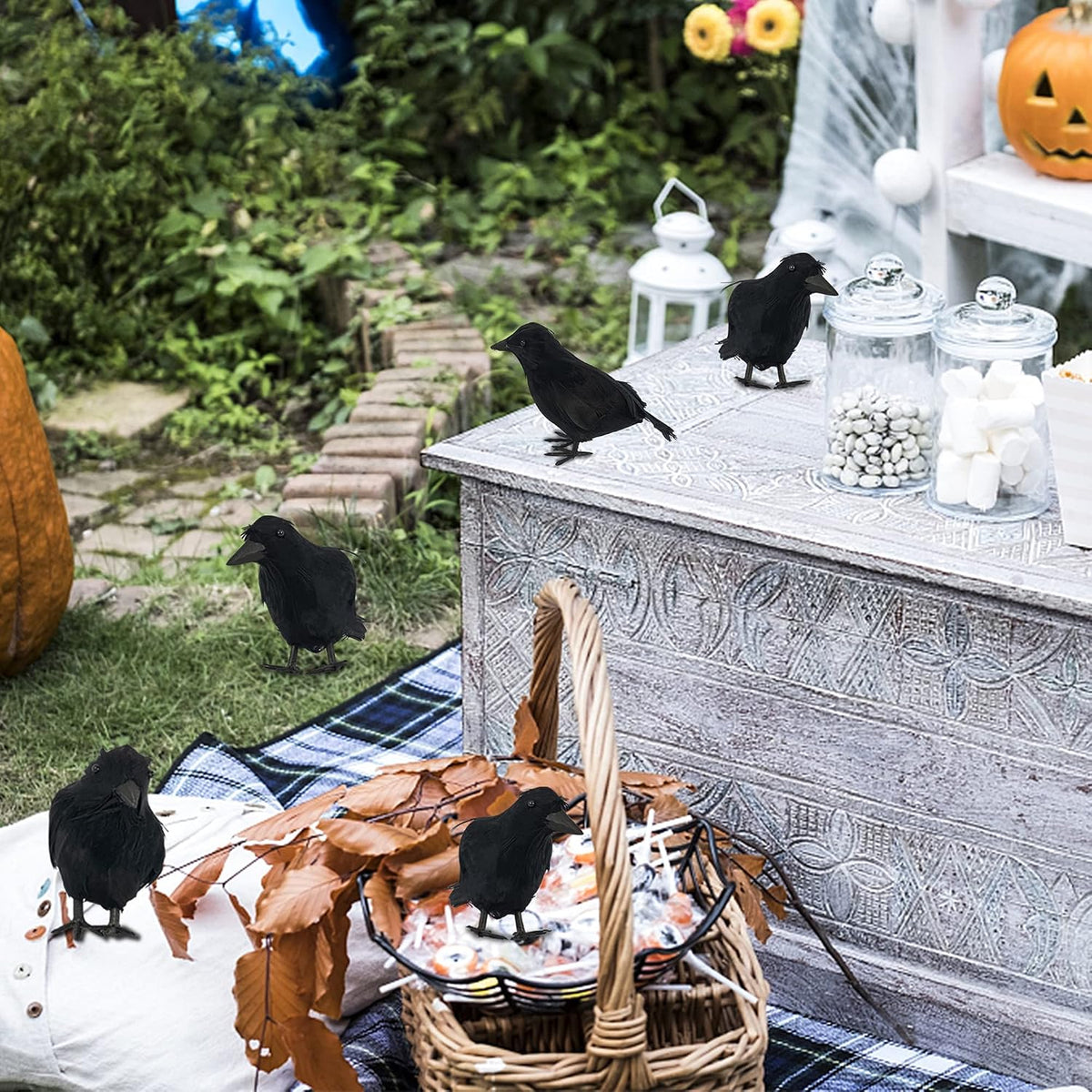 FUNPENY Halloween Black Feathered Crows, Lifelik Halloween Decoration Birds w...