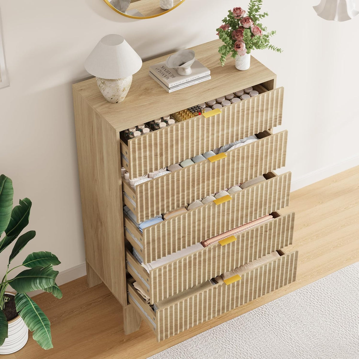 Garvee 5 Drawer Dresser for Bedroom, 47" Tall Fluted Chest of Drawers, Oak
