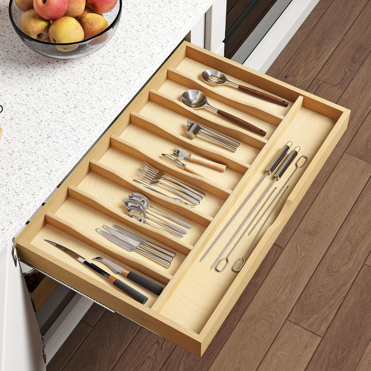 WelFurGeer Solid Birch Wood Silverware Drawer Organizer, Wooden Cutlery Drawe...