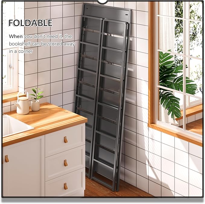 4NM No Assembly 6 Tiers Folding Bookshelf Storage Shelves Vintage Bookcase - Image 4