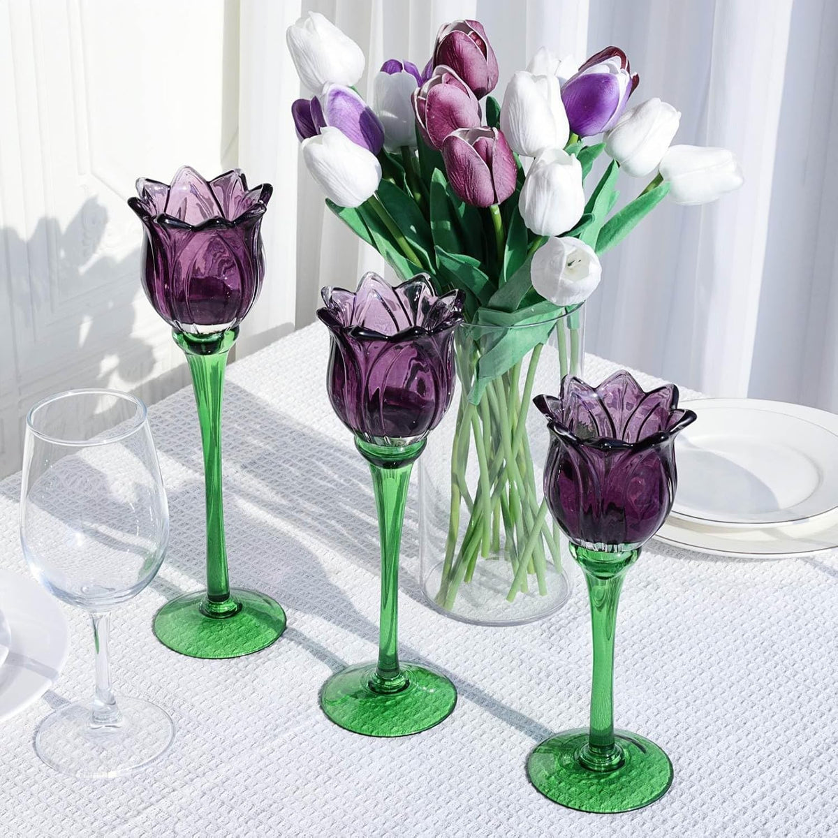 VOHO Purple Tulip Tealight Candle Holder Set of 3, Halloween Candle Holder