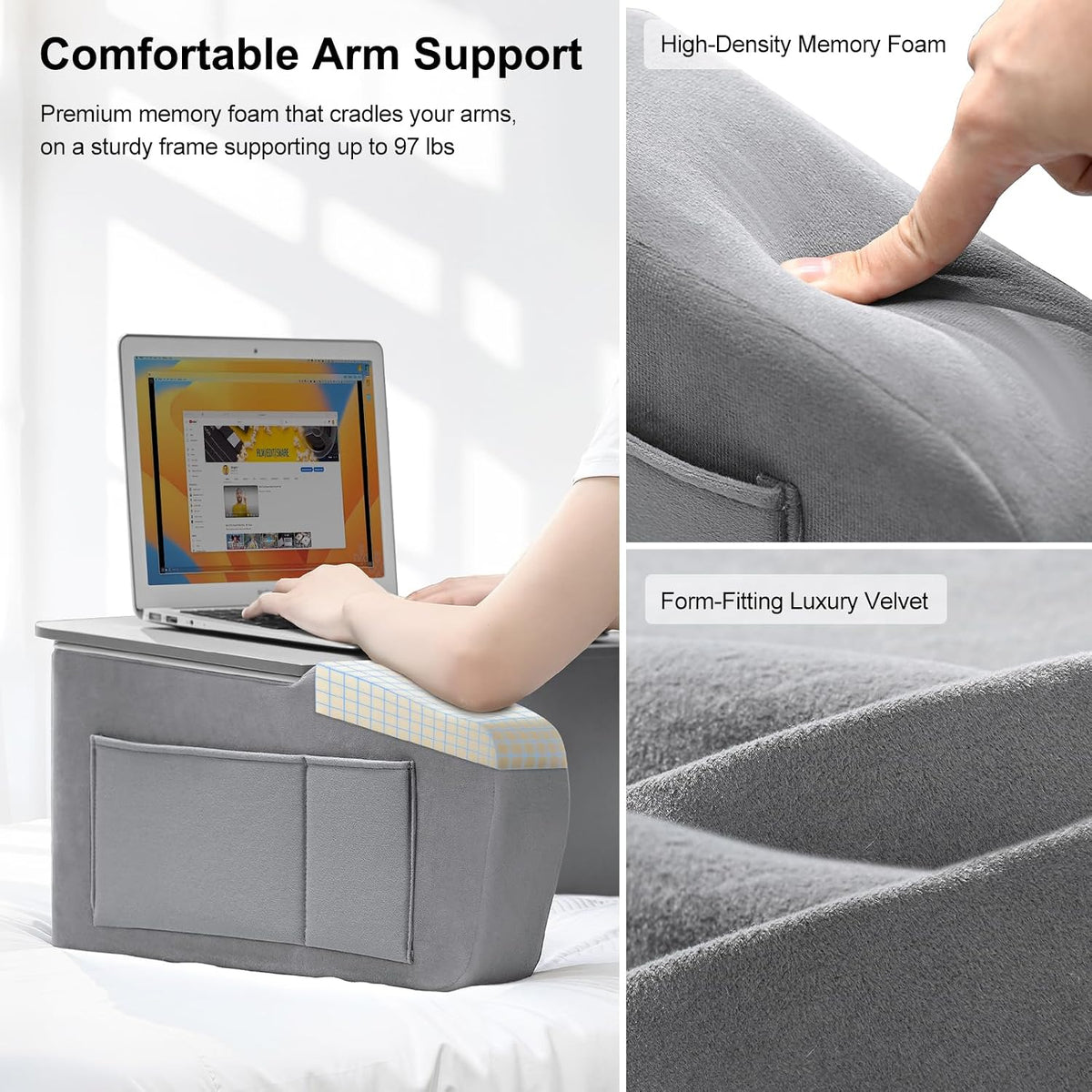 OPTIXCELL Reading Pillow with Arm Rests,Lap Desk Pillow for Bed & Couch