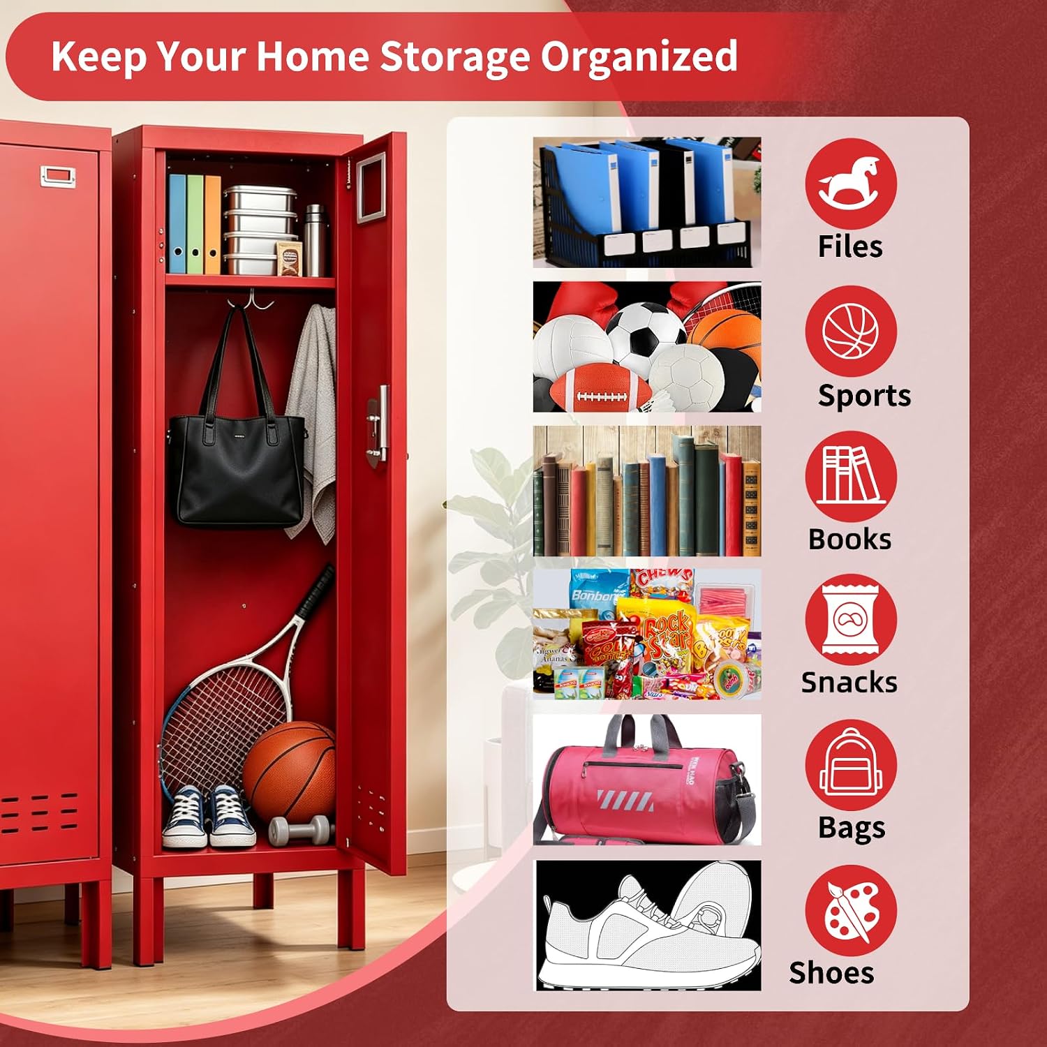KAER Red Locker 54" H Metal Storage Locker Lockable Kid Sport Locker Employees Steel Locker with Door Shelf Mirror & Hooks for Home School Gym Office