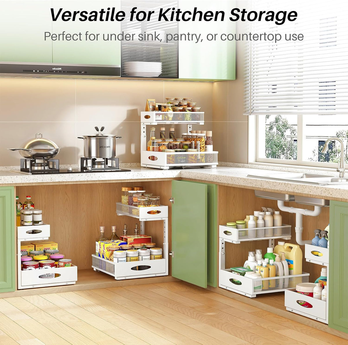 Under Sink Organizer, 2-Pack Pull Out Cabinet Organizer 2 Tier Metal Slide Ou...