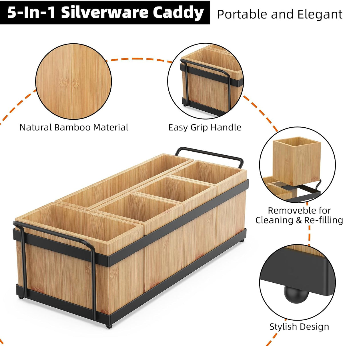 Silverware Holder for Party, Bamboo Utensil Caddy with 5 Removable Bins.