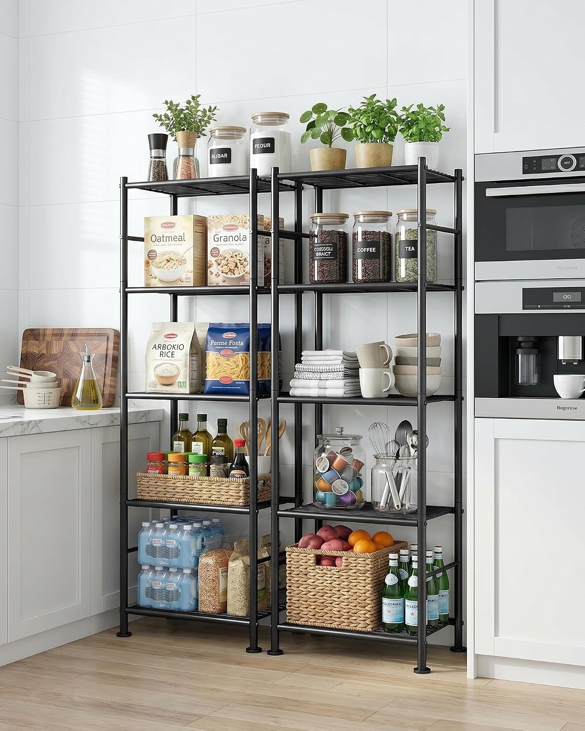 sakugi 2-pack 5-tier metal storage shelves, 18.4"x12.6"x57.4", black on a desk or shelf