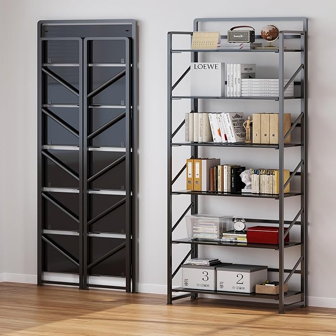JSB No Assembly Folding Bookshelf, 6 Tier Industrial Metal Book Shelf - Image 4