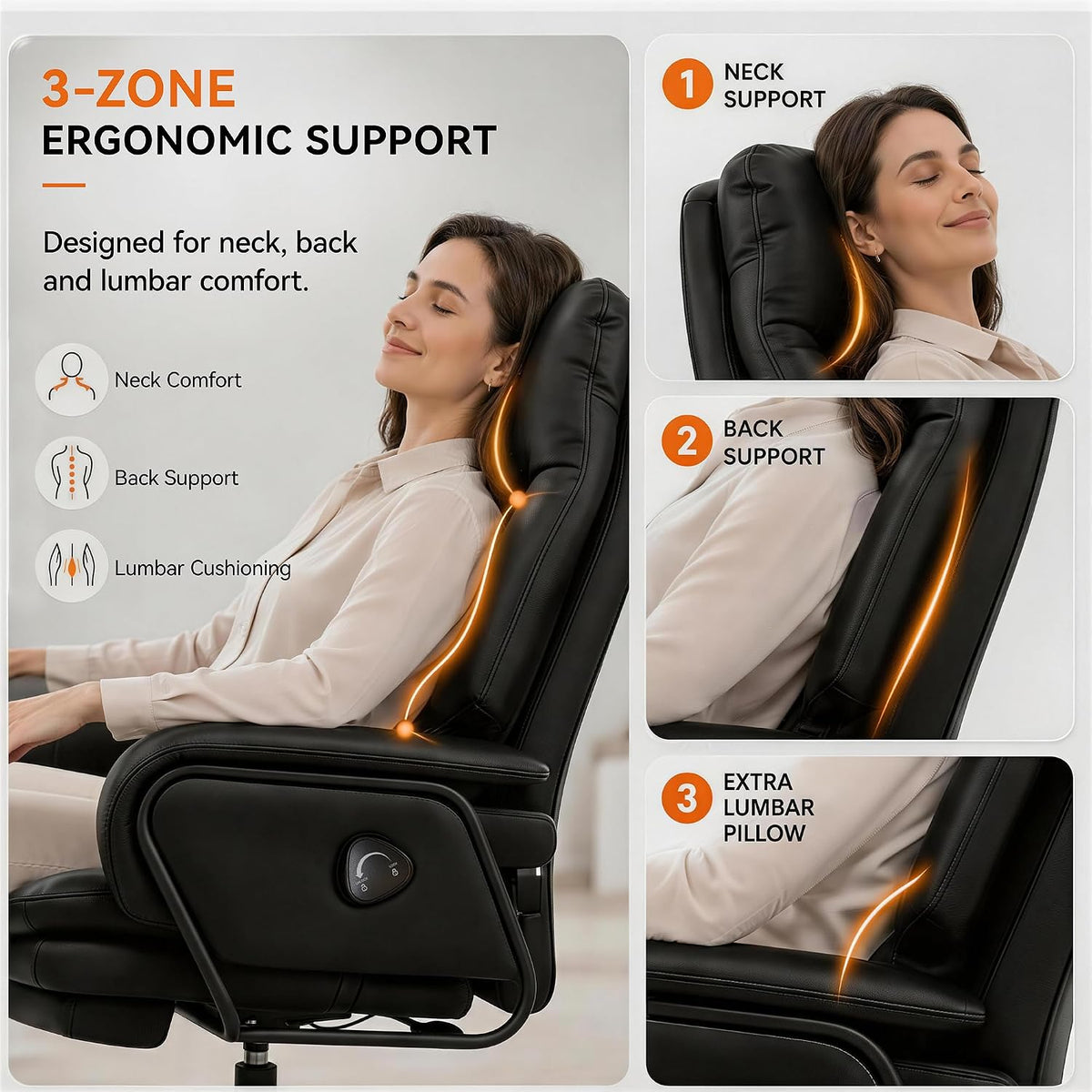 180° Reclining Office Chair with Footrest, PU Leather, Black