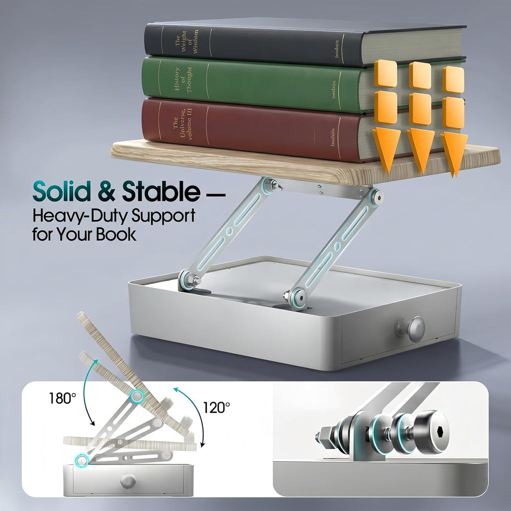 Book Stand with Storage, Wooden Book Holder for Desk, Hands-Free Reading | Ergonomic Adjustable Height & Angle, For Textbooks, Cookbooks, Documents (White, 9.8" x 13.8" Large Panel)