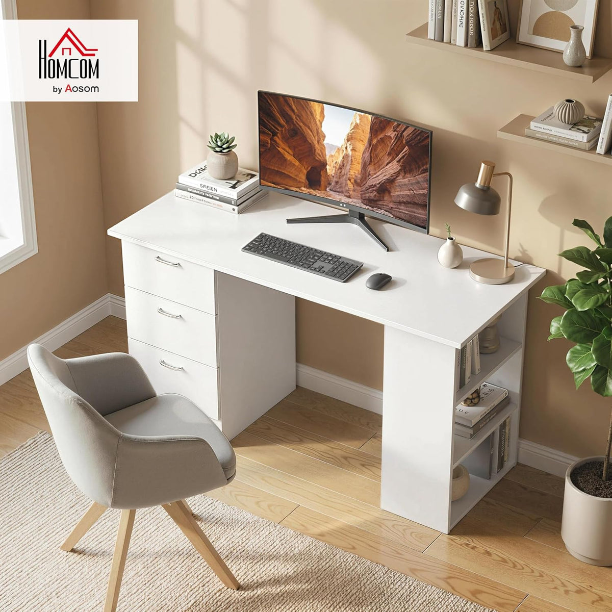 HOMCOM 47" Computer Desk with Drawers for Home Office, White
