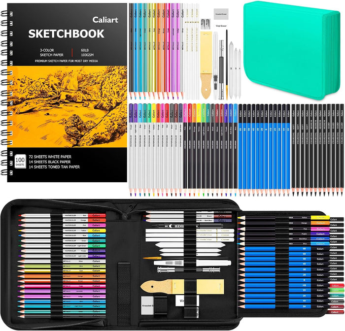 Caliart 176PCS Art Supplies Sketching Kit, 100 Sheets 3-Color Sketch Book