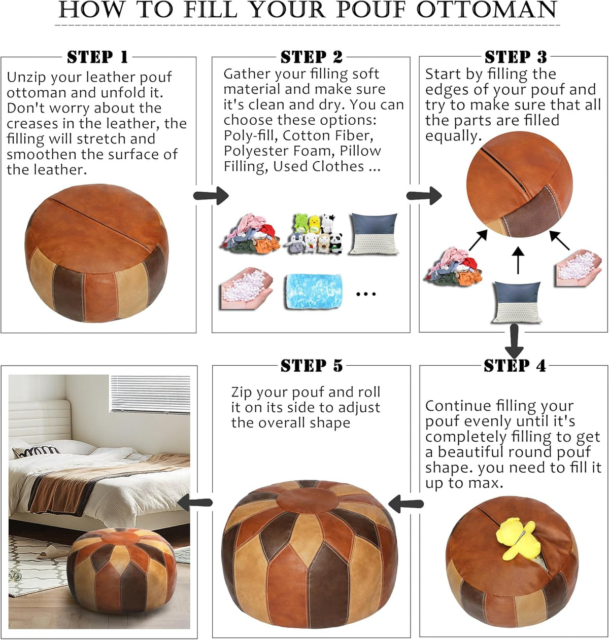thgonwid unstuffed moroccan faux leather pouf ottoman cover, front angle view