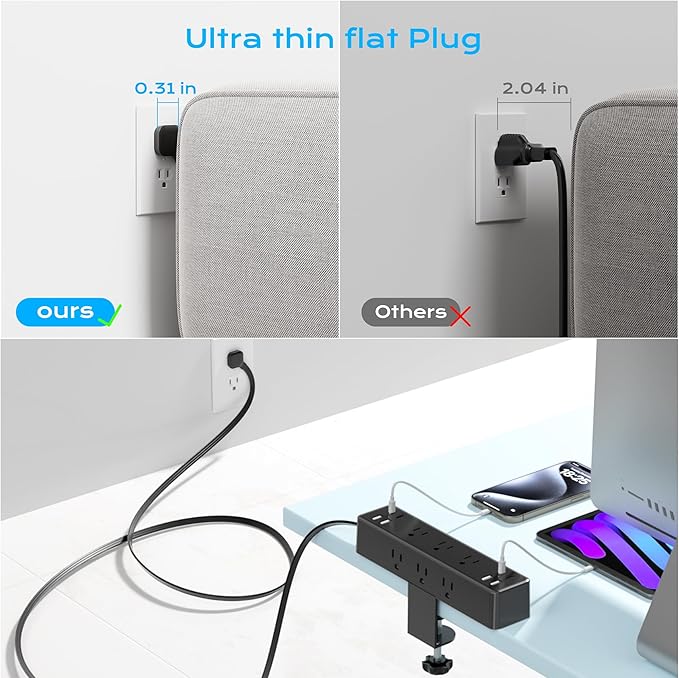 Flat Plug Desk Clamp Power Strip 10FT, 40W Total Fast Charging Station - Image 5