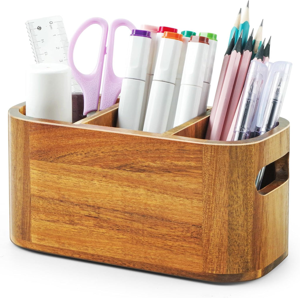 Acacia Pencil Pen Holder for Desk, Wooden Office Organizer with 3 Slots for Countertop, Makeup Brush Holder Remote Control Organizer for School Home Supplies